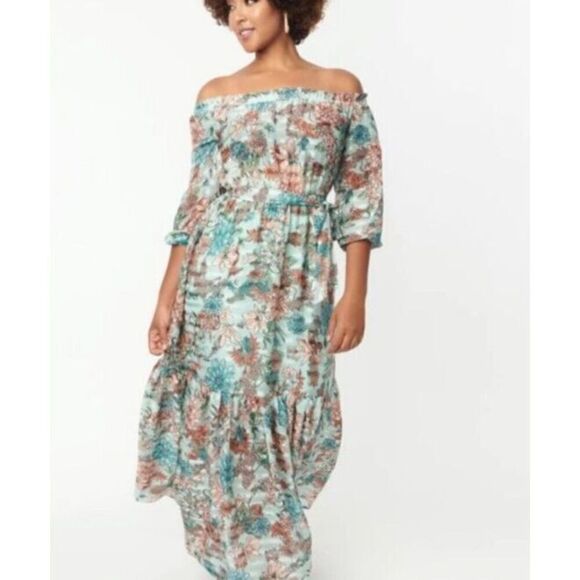 Unique Vintage Sample Dress Plus Size 3XL Green Floral Off The Shoulder Maxi - Picture 4 of 14